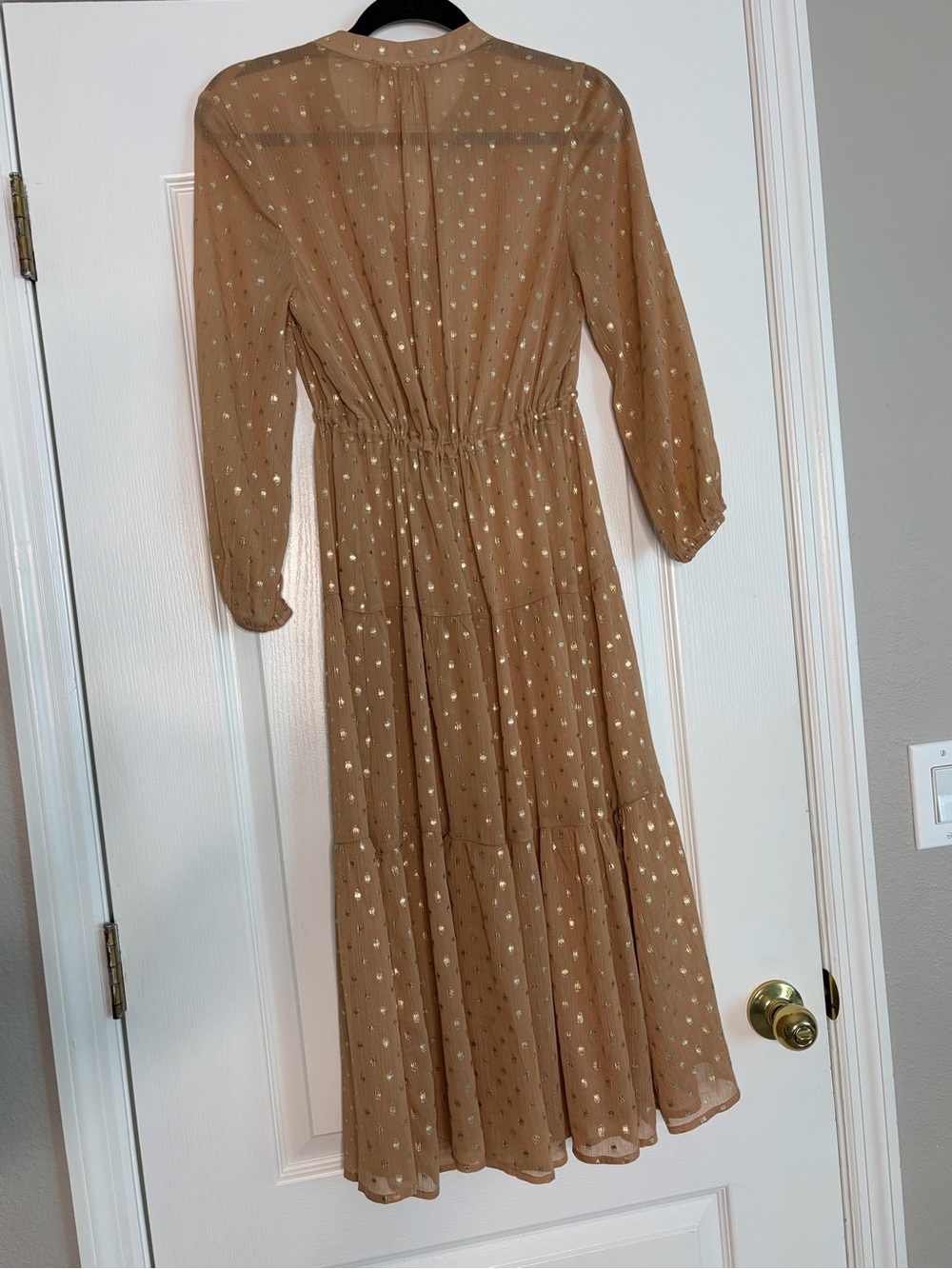 Tan and Metallic Gold Dot Tired Listicle Midi Dress - Picture 8 of 8